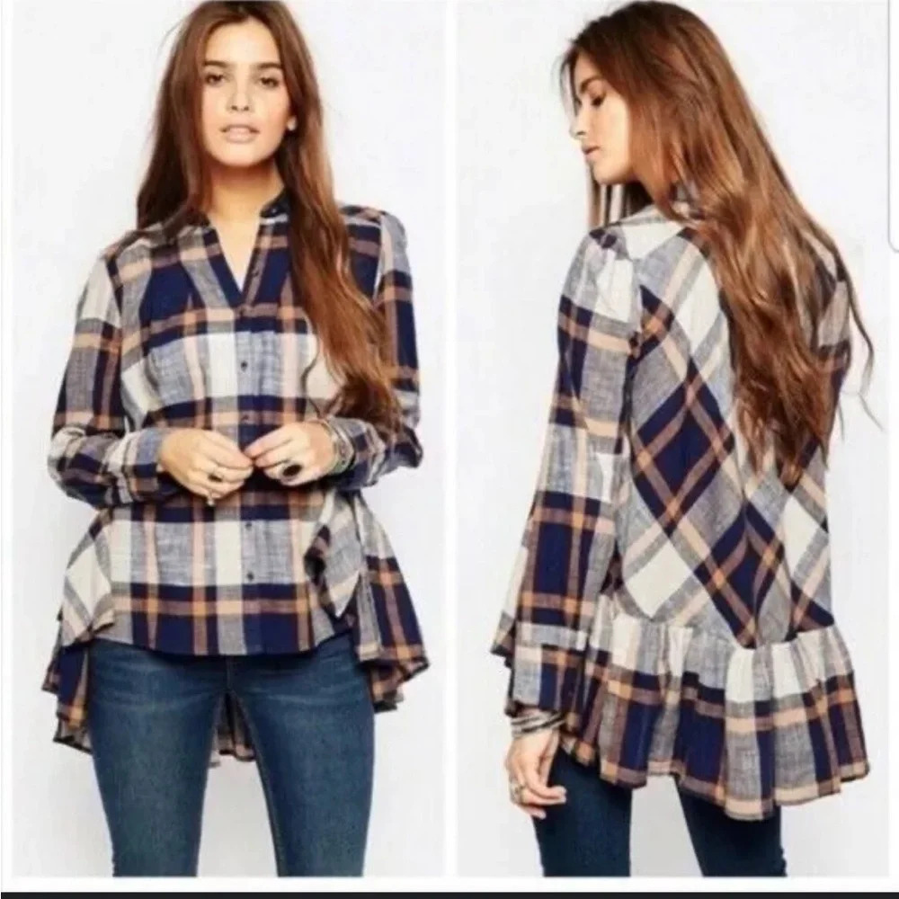 Free People Top Preppy In Plaid Button Front Tunic High Low Blue Orange XS